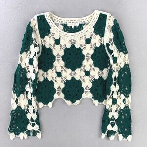 Crochet Patchwork Blouse Womens XS Retro‎ Green 70s Knit Granny Hippie Boho